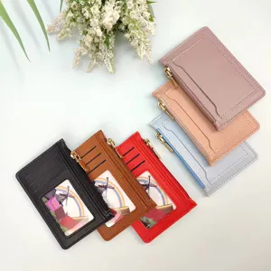 Detailed view of ultra-thin women's coin card holder with zipper, portable multi-slot design.