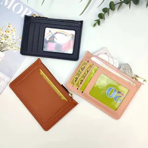 Ultra-thin women coin card bag with zipper, multi-slot portable small PU leather wallet.