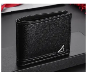 Black leather men's wallet bifold short purse card holder with stylish metal triangle accent.