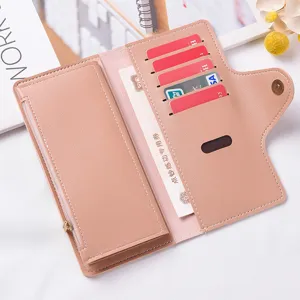 Women pink long faux leather wallet with multiple card slots zipper pocket and snap button.