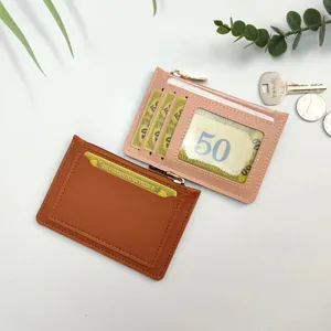 Slim PU leather card wallet holder with zipper pocket, minimalist coin purse for women.