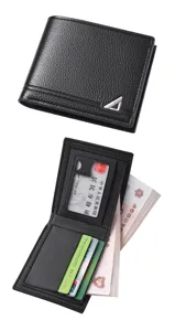 Men black short wallet business casual PU leather bi-fold card holder coin purse detail view