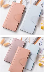 Detailed close-up view of women's long PU leather wallet with snap button and multiple card slots.