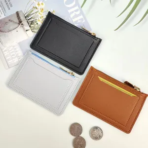 Women's slim card holder coin purse with zipper solid color portable minimalist wallet