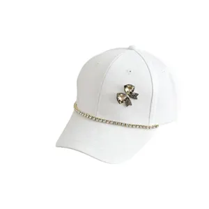 Kids white baseball cap with rhinestone chain and bow for spring summer outdoor sun protection