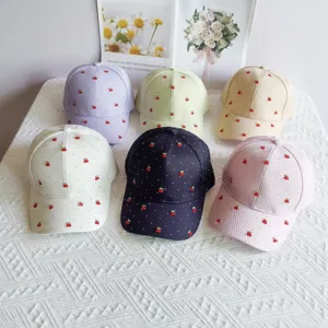 Sweet Waffle Baseball Cap With Rhinestone Cherry Strawberry Cute Adjustable Sun Protection Hat For Women Daily Travel