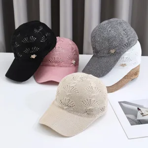Knitted Crown Hollow Out Sun Protection Baseball Cap Rhinestone Heart Decor Outdoor Breathable Casual Summer Hat For Women