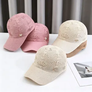 Knitted breathable hollow baseball cap with rhinestone heart for outdoor sun shade.