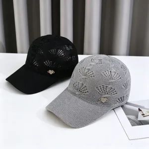 Knit hollow out baseball cap with rhinestone heart charm, breathable summer sun hat for outdoor.