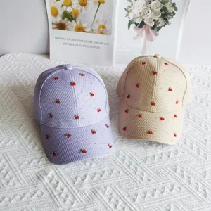 Waffle knit cherry baseball cap with rhinestones, stylish sun protection hat for summer.