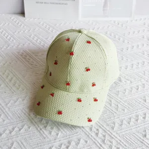 Light green waffle rhinestone cherry baseball cap, sweet summer sun hat for daily outdoor wear.