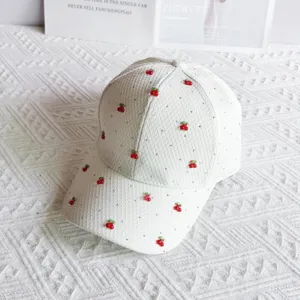 White waffle rhinestone cherry baseball cap sweet summer outdoor sun hat for women.