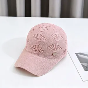 Pink knitted hollow out baseball cap breathable sun protection duckbill hat with rhinestone heart