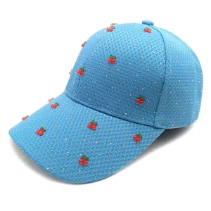 Light blue waffle baseball cap with rhinestone and cherry charms for women summer sun protection.