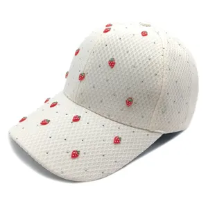 Cute strawberry mesh baseball cap with crystal studs, sweet summer sun hat for women.