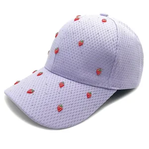 Purple mesh waffle baseball cap with rhinestones and cute 3D strawberries, summer sun hat.