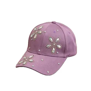 Kleurrijke strass bloem paarse honkbalpet voor kinderen, leuke casual zonneklep pet.