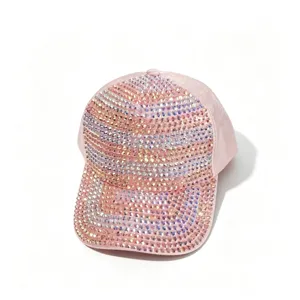 Dames strass honkbalpet, sprankelende kleurrijke kristallen zonneklep hoed, roze casual.