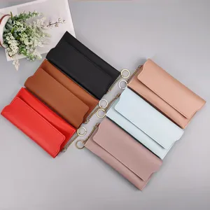Women long wallet solid color PU leather card holder snap clutch purse detail view