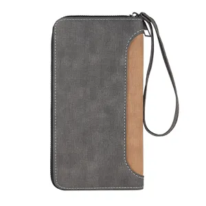 Portafoglio lungo da uomo con cinturino da polso e cerniera, design grigio e marrone.