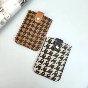 Houndstooth pull-out card holder women multi-card slot portable snap button pouch case.