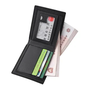 Men short black leather wallet with card slots, id window, stylish and practical bifold purse.