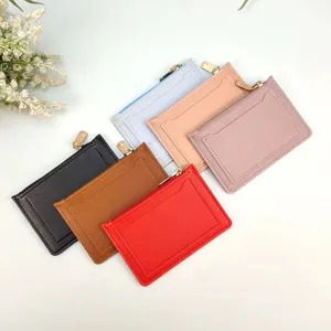 Slim PU leather card holder coin purse with zipper, multi-color compact daily wallet.