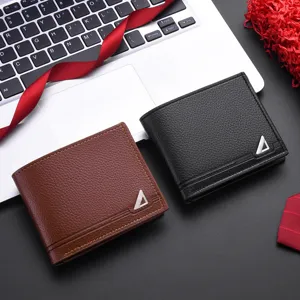 Men short leather wallet detail view, business casual style with soft texture and card slots.
