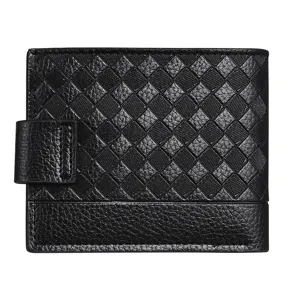 Schwarze Herren Kurzgeldbörse aus geflochtenem Leder mit Druckknopf, Kartenfächer.
