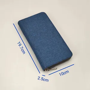 Portafoglio lungo in tela blu da uomo con chiusura a cerniera, organizer elegante 19.7x10cm.