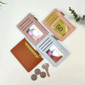 Slim minimalist women card holder wallet coin purse zipper compact PU leather card case 85c