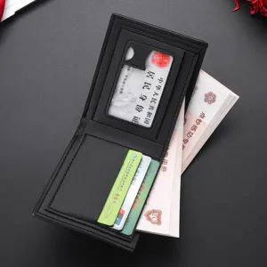 Black men's short wallet with multiple card slots and ID window for daily business casual use.