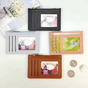 Compact slim card holder coin purse with zipper and multi card slots in classic solid colors.