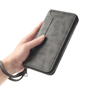Portafoglio Lungo Uomo con Zip Business Casual Borsa a Mano Grande Colore Grigio