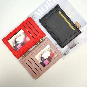 Slim PU leather card holder coin purse with zipper pocket and multiple card slots.