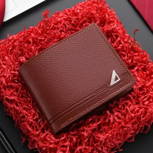 Stylish men's short brown leather wallet with a metal triangle logo and large capacity.