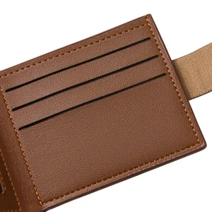 Detailed view of men's brown leather wallet showing card slots and neat stitching craftsmanship.