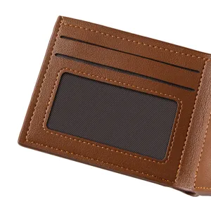 Men's brown short wallet with multiple card slots and clear ID window, compact design.