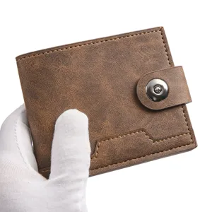 Men's stylish brown short leather wallet with secure snap closure and multi-card slot detail.