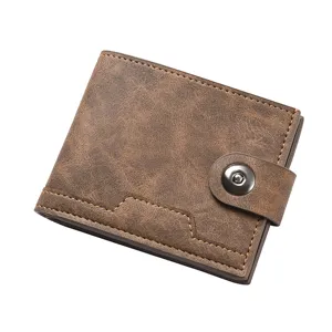 Men's short brown PU leather wallet with snap closure and multi card slots for daily use.