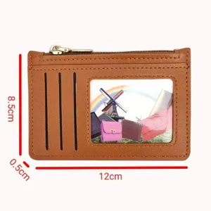 Compact brown leather card holder featuring a zipper coin pocket, card slots, and ID window.