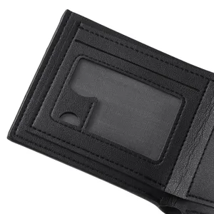 Detailed view of men short wallet interior with card slots and transparent ID window design.