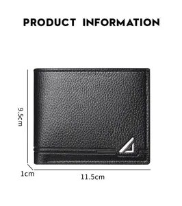 Men's short black leather wallet business casual card holder with metal decor 11.5x9.5cm