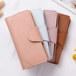 Women multi-function long wallet soft leather card holder purse with clasp and zipper closure style