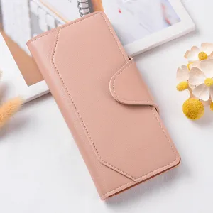 Pink long wallet for women with snap closure, multiple card slots, and stylish design detail.