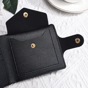 Piccolo portafoglio corto nero da donna porta carte borsa monete compatta con bottone a pressione