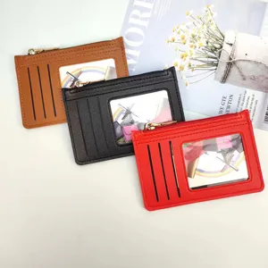 Slim women pu leather coin card holder solid color zipper portable compact wallet organizer