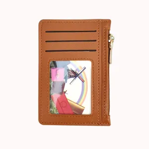 Brown leather card holder wallet with zipper pocket multiple slots and clear ID window for daily use
