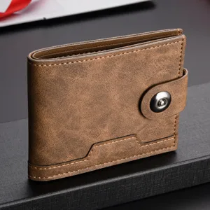 Men's short brown leather wallet with snap closure and multi-card slots for daily use