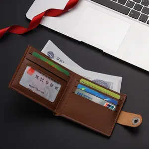 Men's short leather wallet bifold multi card slot vintage brown purse with snap closure.